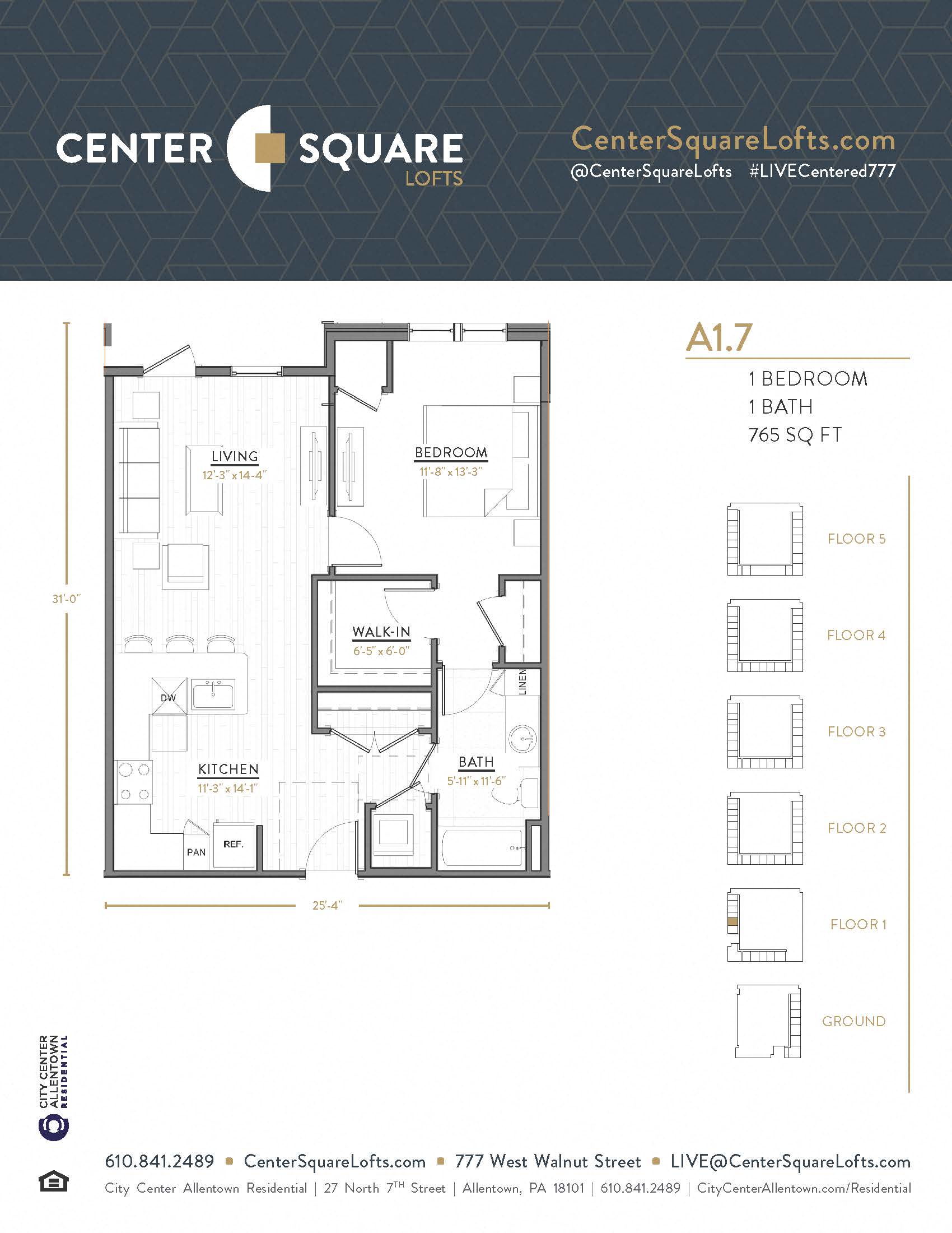 Floor plan for 1 bed, 1 bath, 765 sqft